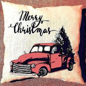 MERRY CHRISTMAS PILLOW RED PICKUP TRUCK REVERSE’S to SAME DESIGN  NEW  XMAS TREE